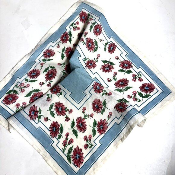 Cotton handkerchief hankie 13 in. by 12-1/4 in. White, Blue with Pink Flowers - Picture 9 of 9